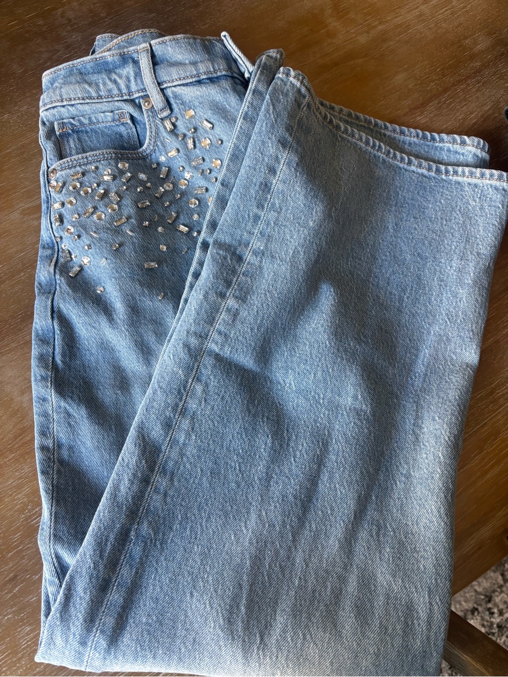 LOFT Petite Light Blue Wide Leg Jeans with Crystal Embellished Pocket